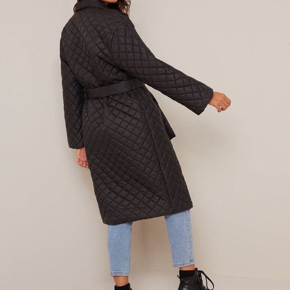 Women Wrap Long Padded Coat Oversize Large L Black Tie Adjustable Pockets - Picture 3 of 15